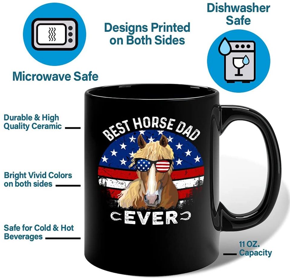 Novelty Patriot Horse Dad Coffee Mug Cute Equestrian Mug Printed Black Mugs Ceramic Tea Cup For Farmer Riding Horses Cup For Girls Farmers American Flag Present For Father Men