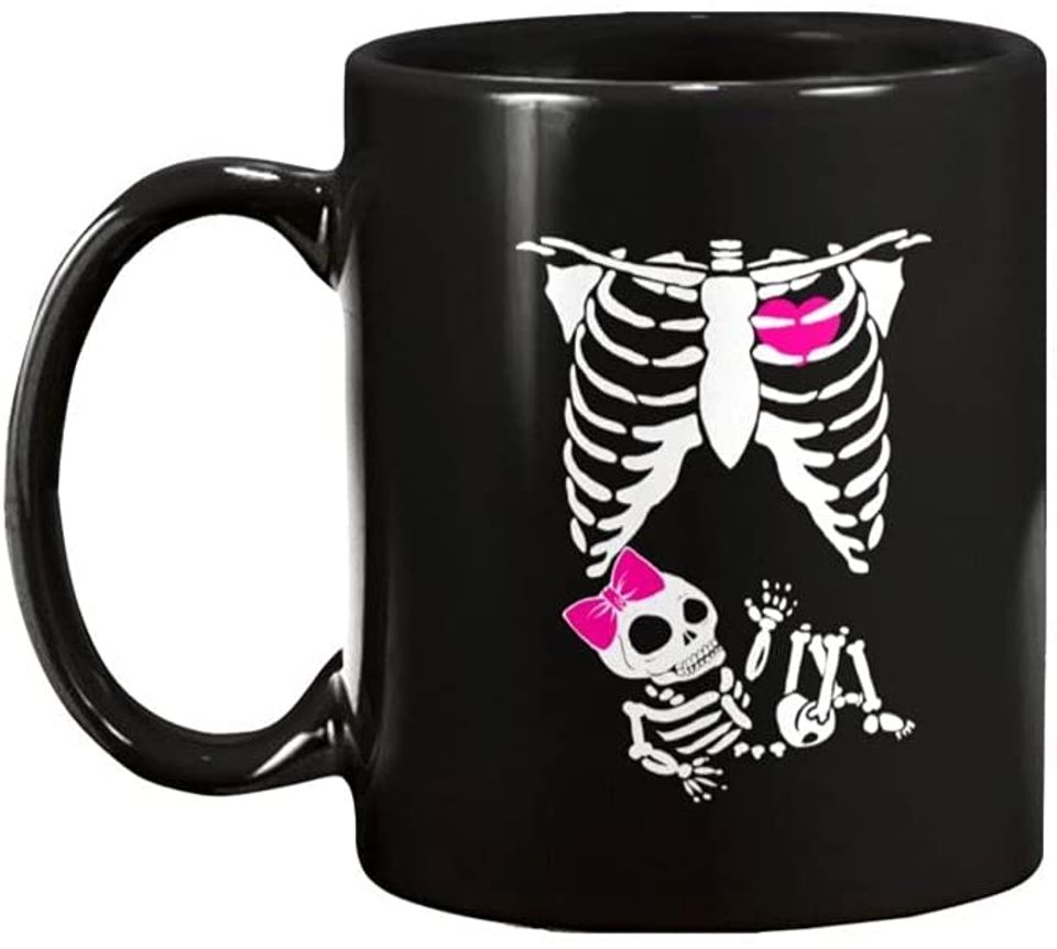 CHICKYSHIRT Personalized Custom Mug Maternity Baby Girl Skeleton Cute Halloween Pregnancy Bump Mug Gifts for Him, Her, Daughter, Son, Coffee Cup