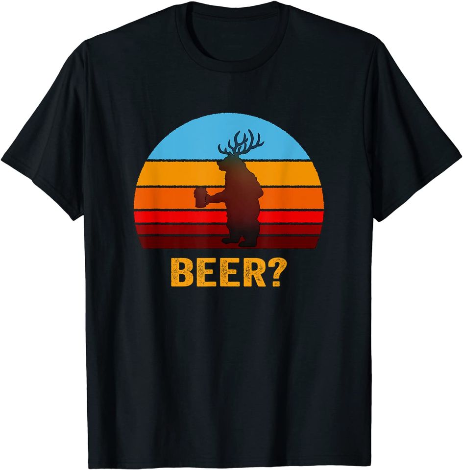 Retro Vintage Style Sunset Funny Beer Bear And Deer T-Shirt