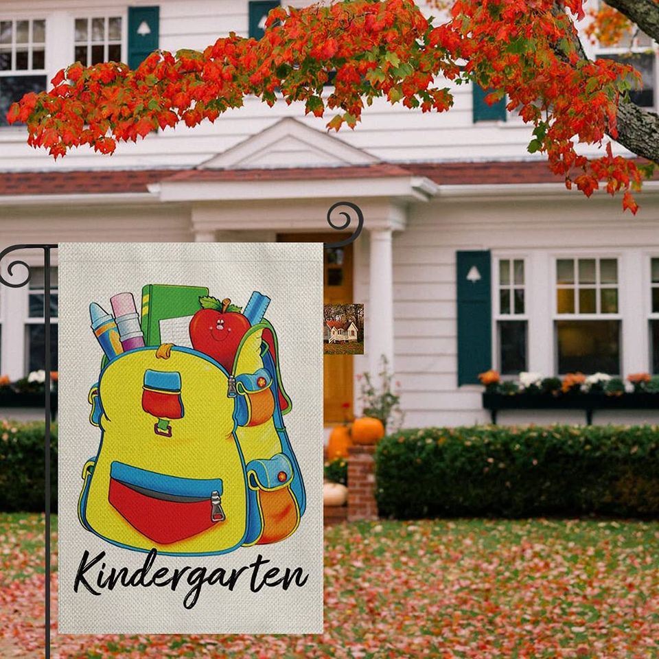 Kindergarten Schoolbag Pencil Apple Teacher Garden Flag Double Sided, First Day of School Back to School Appreciation Yard Outdoor Decoration