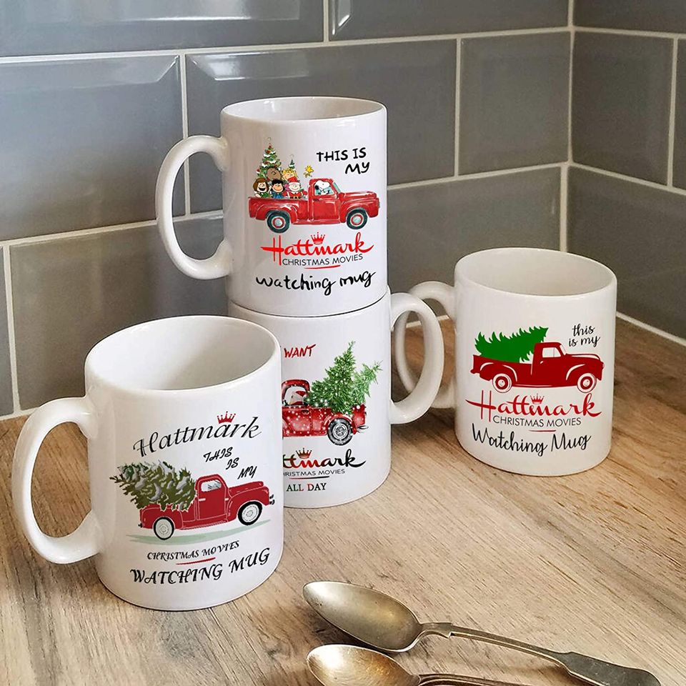 Christmas Movie Watching Mug, Red Pickup Truck Coffee Cup -Birthday Winter Holiday Gifts