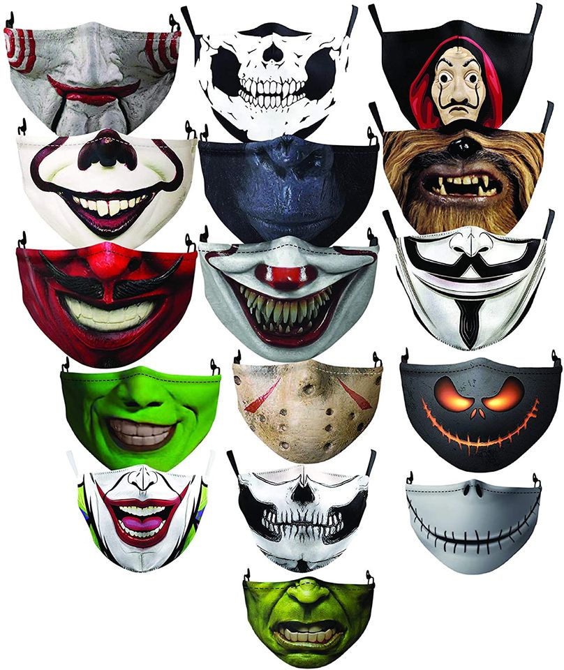 Halloween Print Masks Fashion Multi Designs Festival Party Custom, Adjustable Strap Filter Pocket