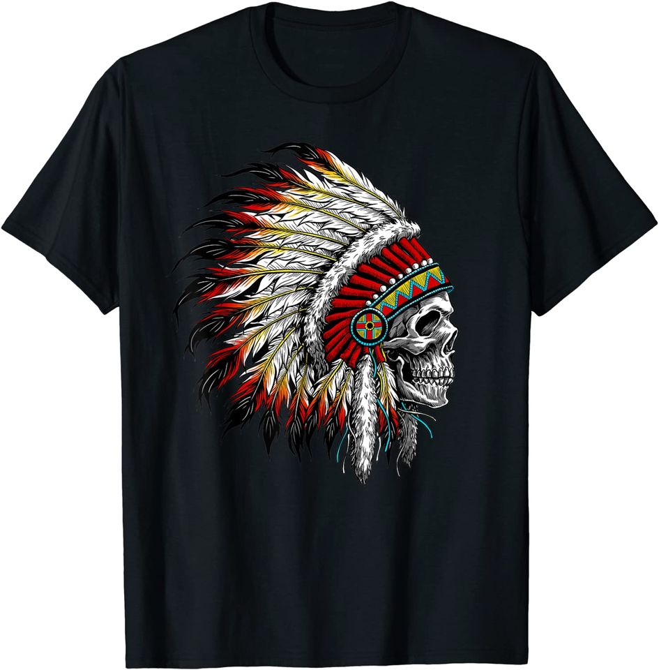 Native American Indian Chief Skull Motorcycle Headdress T-Shirt