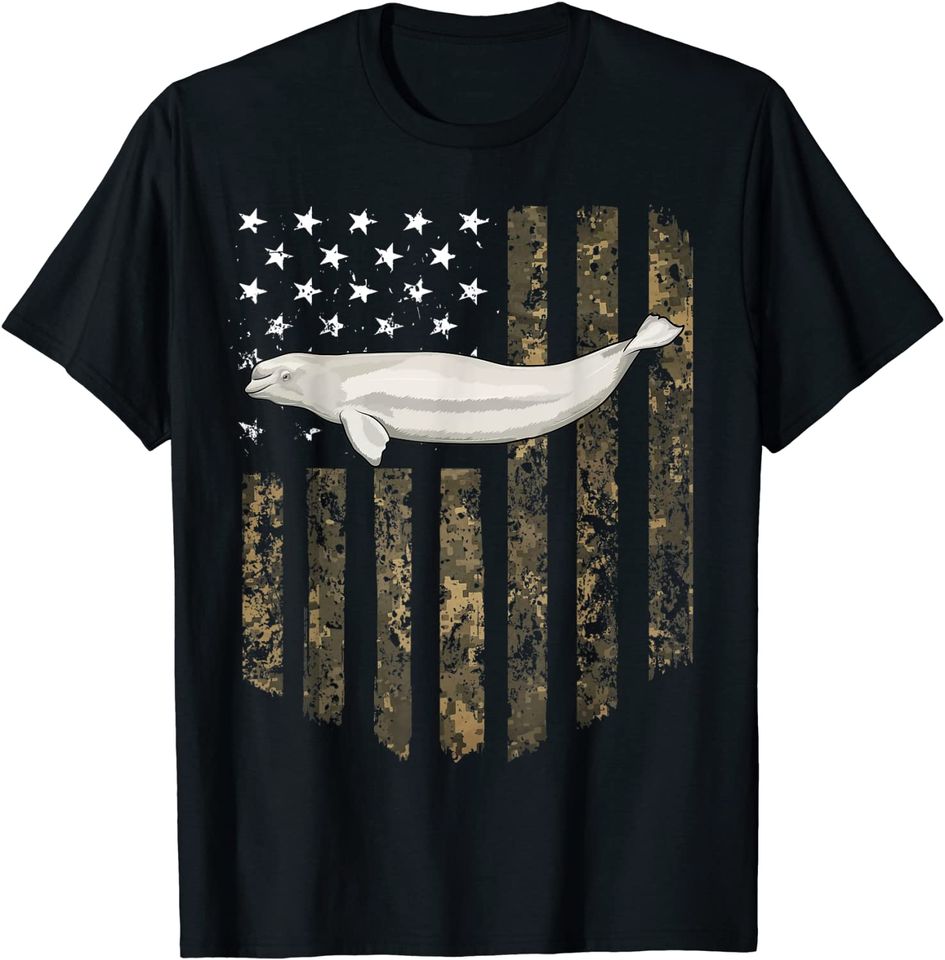 Camo American Flag Beluga Whale T Shirt