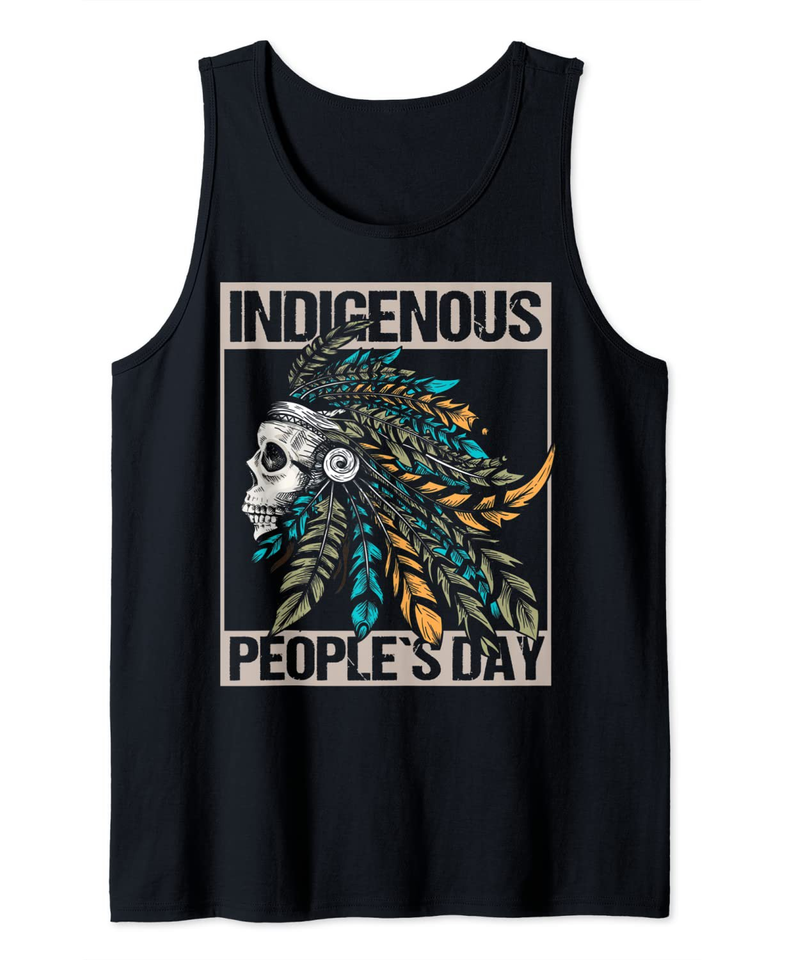 Indigenous People`s day design Skull with Indian headdress Tank Top