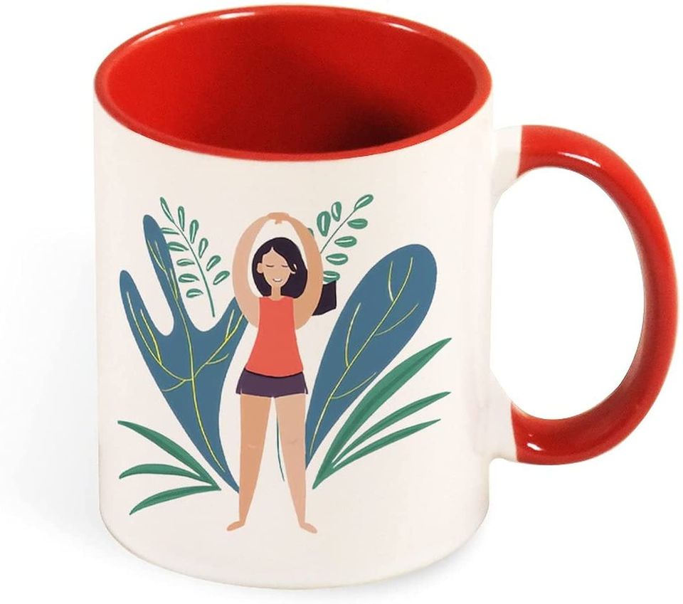 Girl Doing Yoga Pose Leaves - Ceramic Travel Coffee Tea Mug Cup with Pattern Happy Birthday Gift for Mother Father Day Parents Friends Office Study Colorful Red