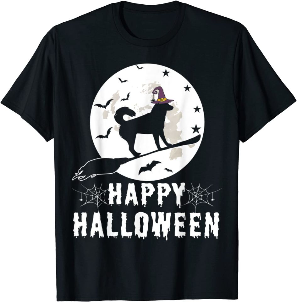 Siberian Husky Dog Witch Happy Halloween Funny T-Shirt