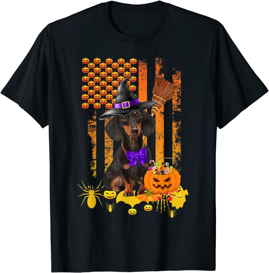Dachshund Dog Pumpkin American Flag Halloween Dog T-Shirt