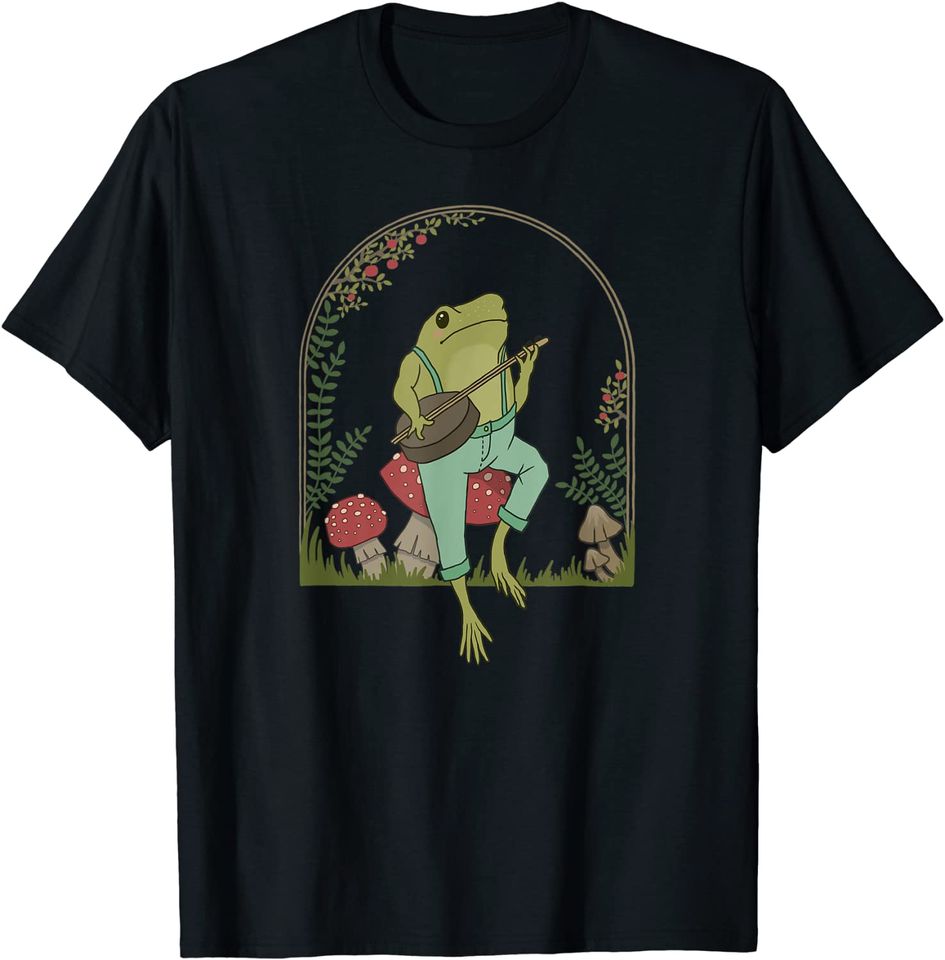 Cottagecore Aesthetic Frog Playing Banjo on Mushroom T-Shirt