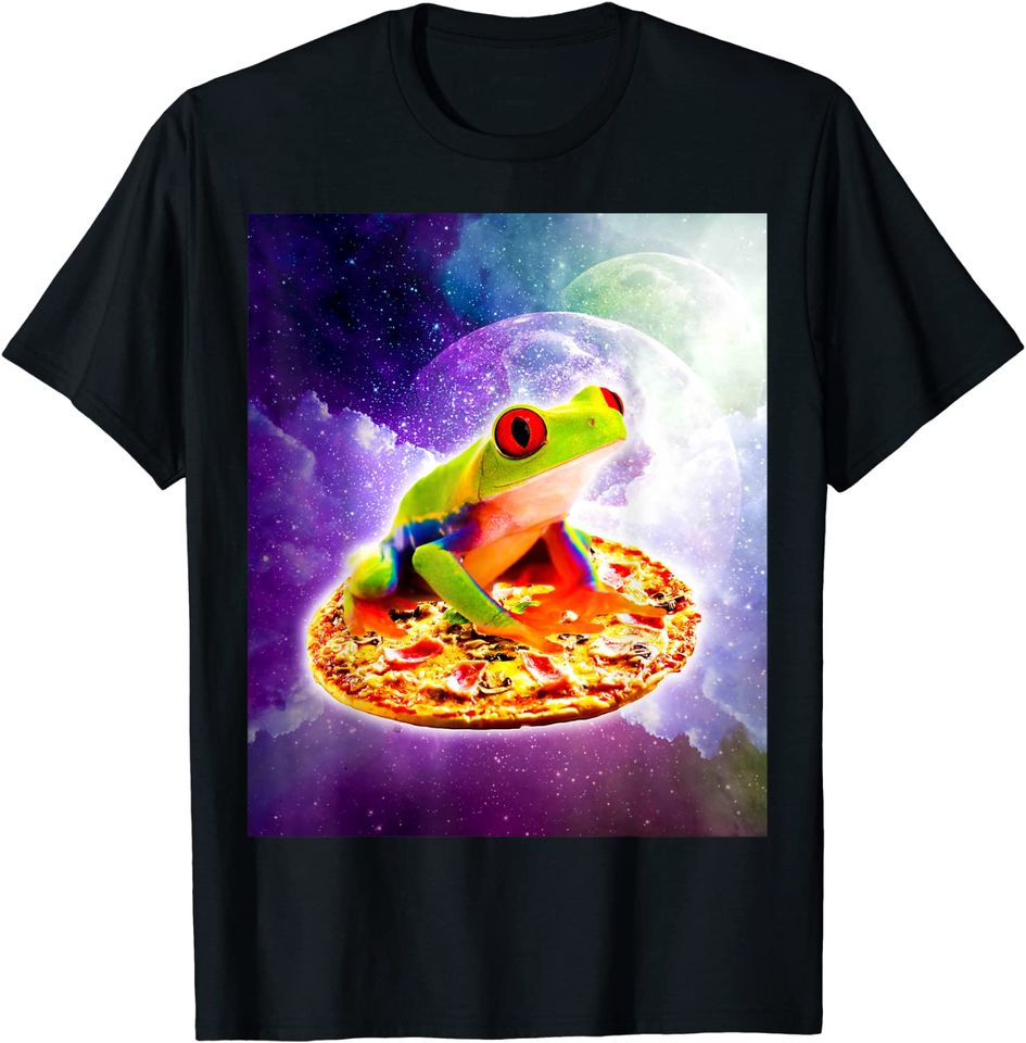 Red Eye Tree Frog Riding Pizza In Space T-Shirt