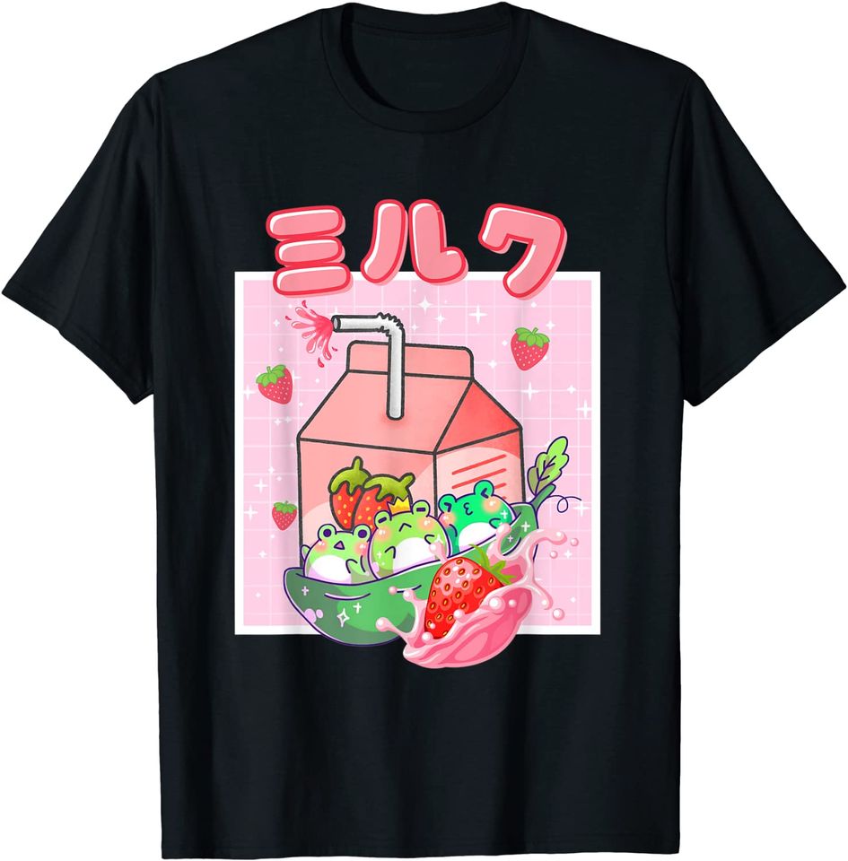 Cottagecore Kawaii Frog Strawberry Milk Retro 90s Tee T-Shirt