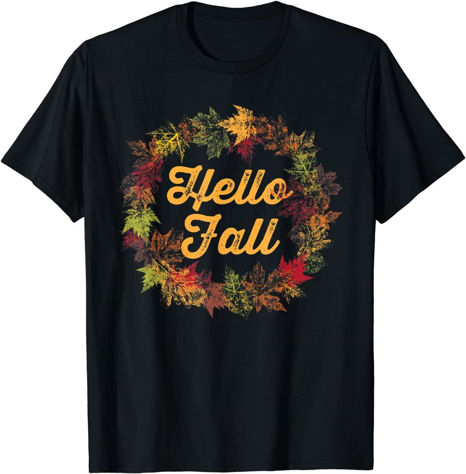 Hello Fall Autumn Leaves Wreath for Leaf Peeping Tour T-Shirt