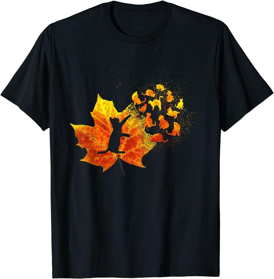 Maple Cat Leaf Fall Hello Autumn Kitten Lover T-Shirt