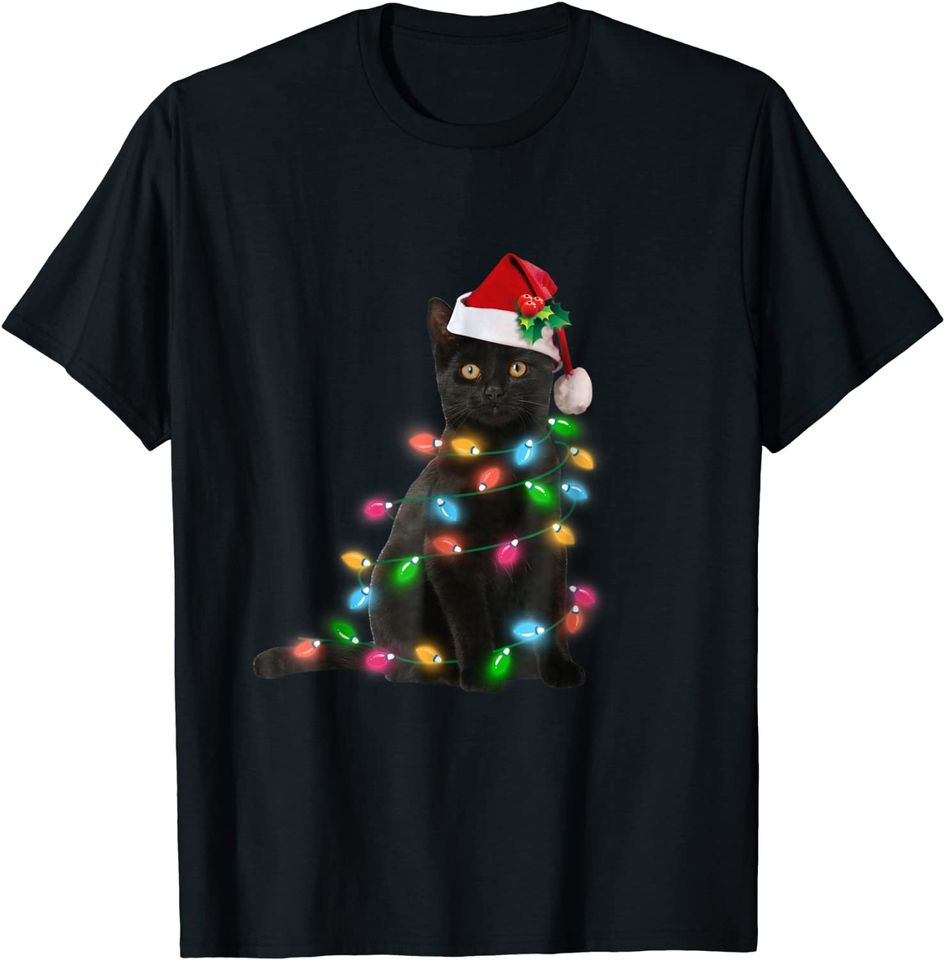 Black Cat christmas light T-shirt