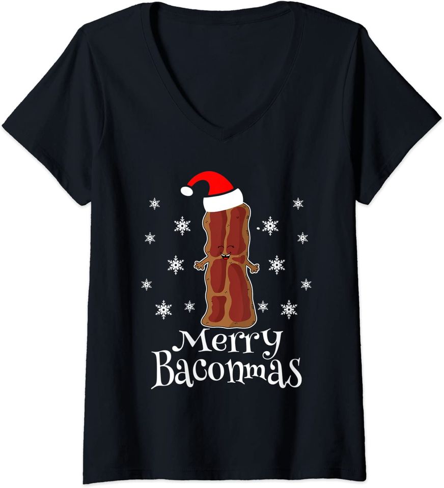 Merry Baconmas National Bacon Day Pork Belly Ugly Christmas V Neck T Shirt