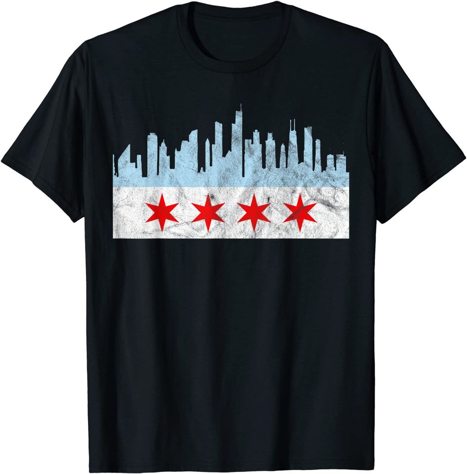 Chicago Flag Distressed Vintage Downtown Skyline Illinois T Shirt