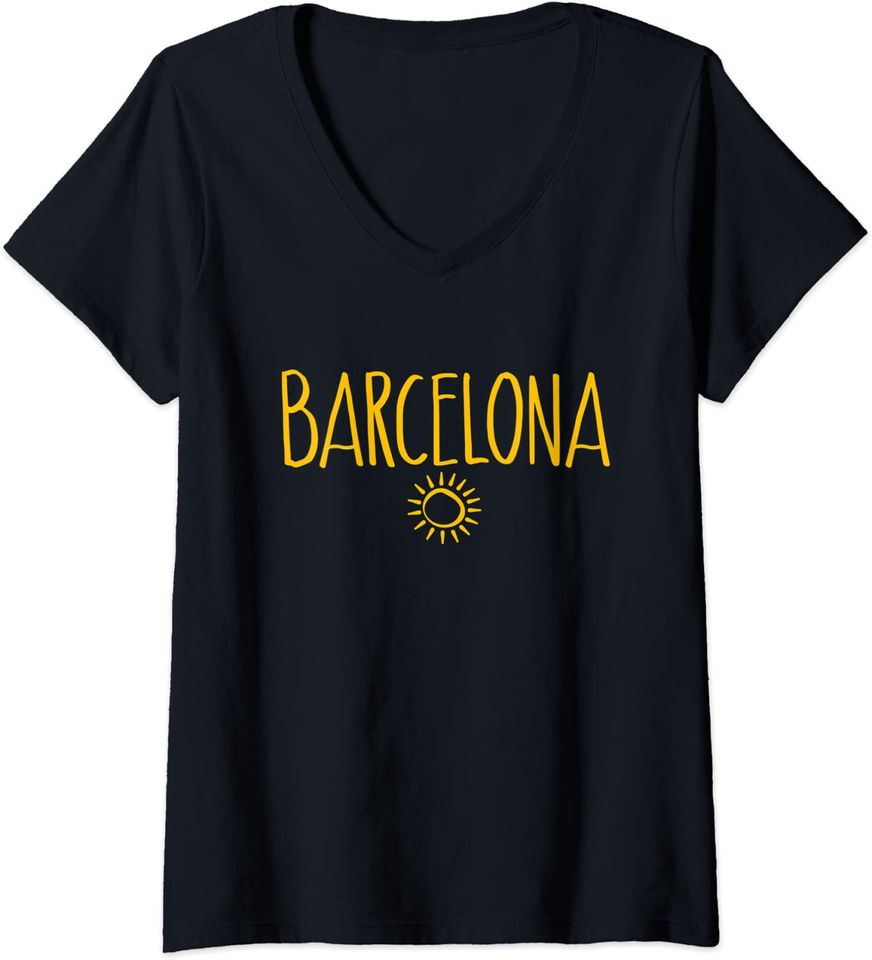 Barcelona Spain Sun Drawing Handwritten Text Amber Print V-Neck T-Shirt