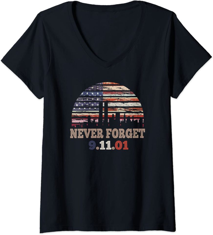 Never forget Patriotic 911 American Flag Retro V Neck T Shirt