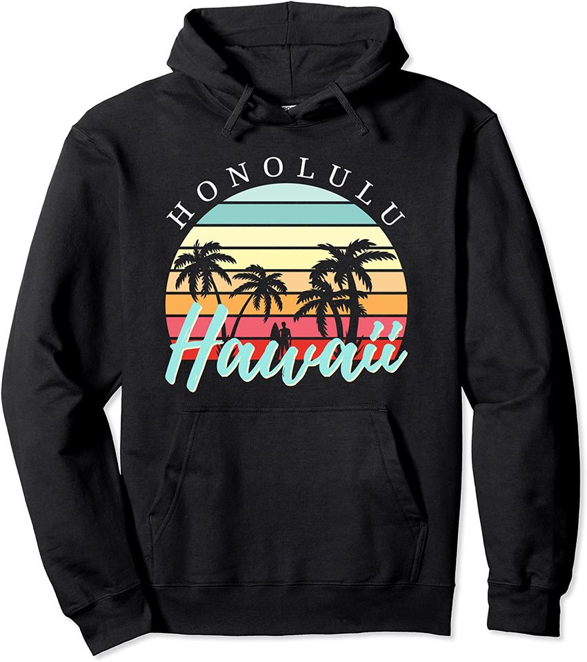 Honolulu Hawaii Sunset Surfing Retro Vintage Pullover Hoodie