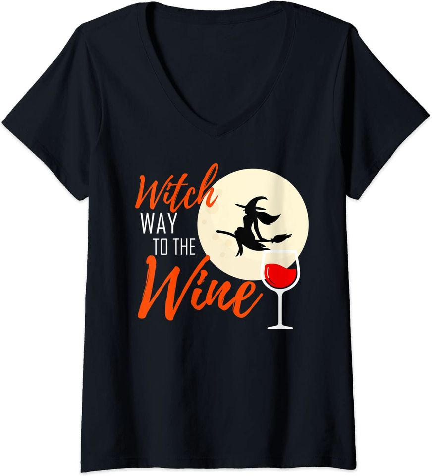 Witch Way To The Wine Halloween Witch Wine V Neck T Shirt