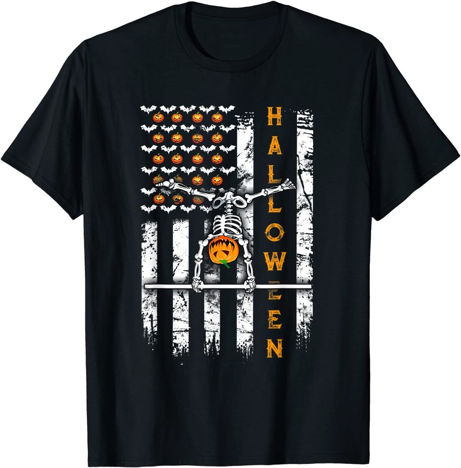 US Flag Skeleton Gymnastics Halloween Horizontal Bar T Shirt