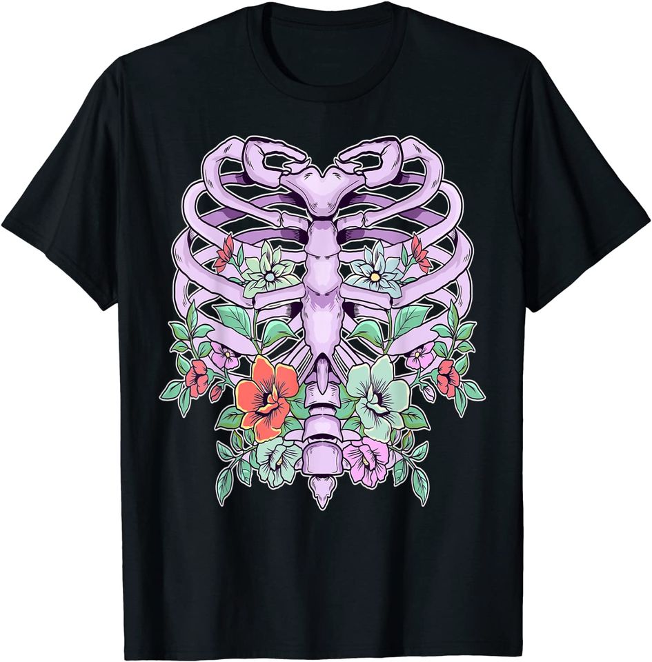 Pastel Goth Rib Cage Skeleton Flowers T Shirt