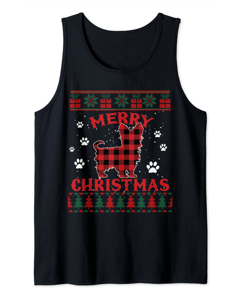 Yorkie Dog Red Plaid Ugly Christmas Sweater Tank Top