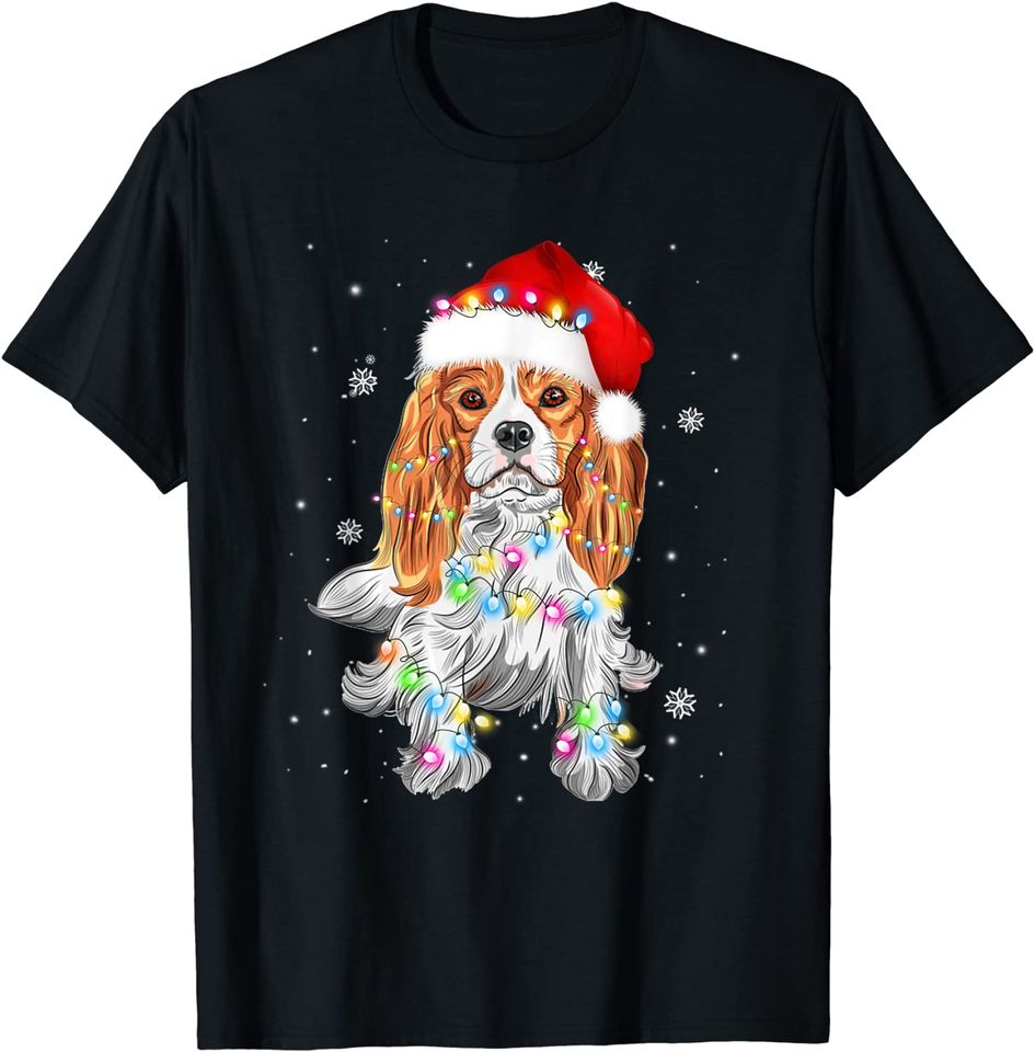 Christmas Cavalier King Charles Spaniel Lights Santa Hat T-Shirt