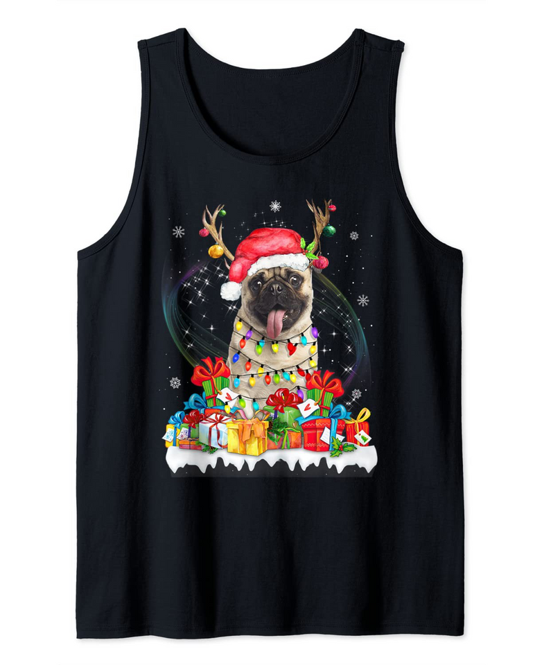 Pug Santa Hat Reindeer Christmas Lights Pajamas Tank Top