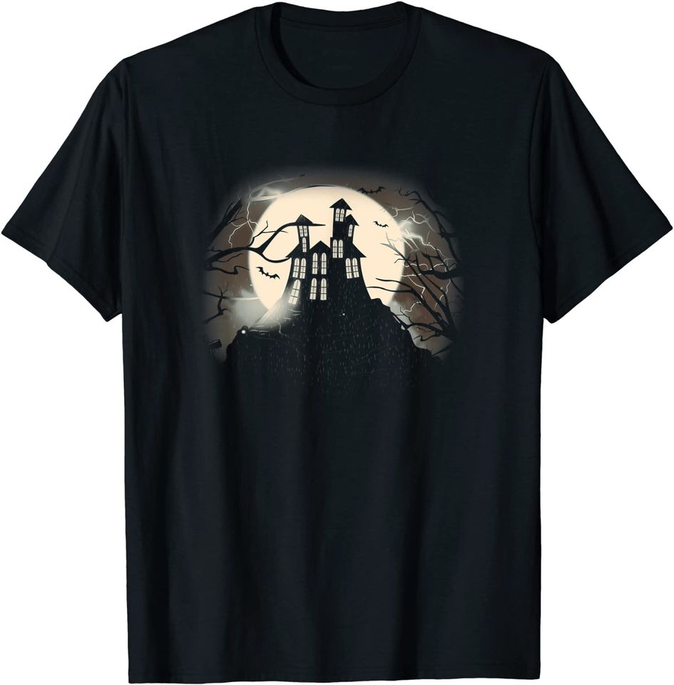 Vintage Haunted House Halloween T Shirt - Moon and Graveyard T-Shirt