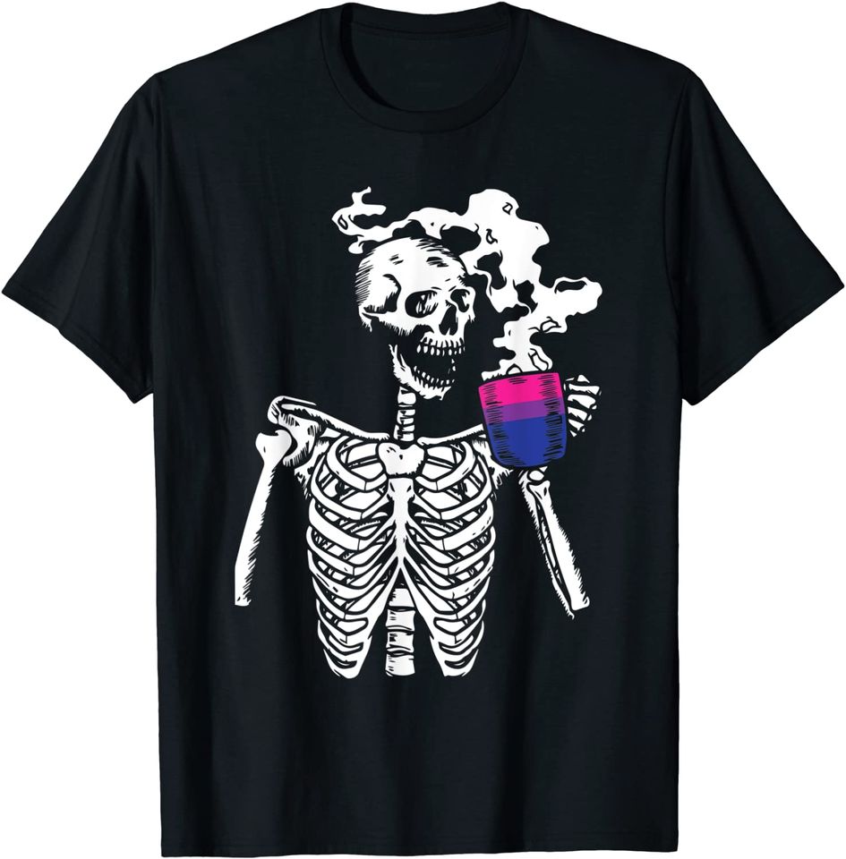 Skeleton Drinking Coffee Bi-sexual Pride Skull T-Shirt