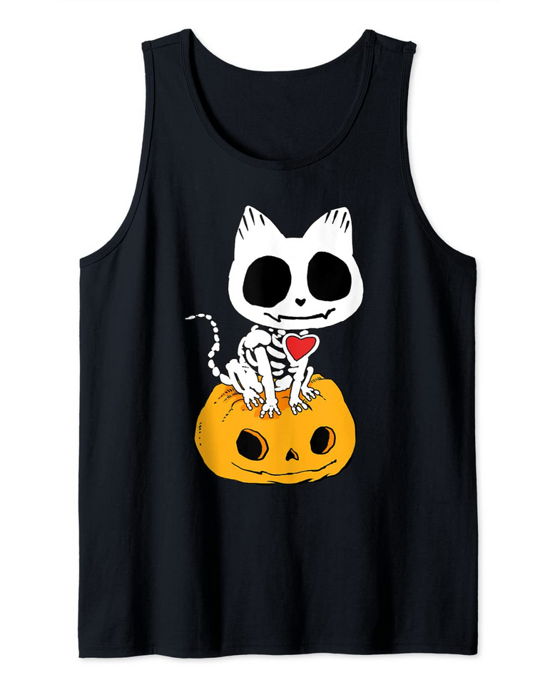 Cat on Pumpkin Skeleton Halloween Treat Tank Top
