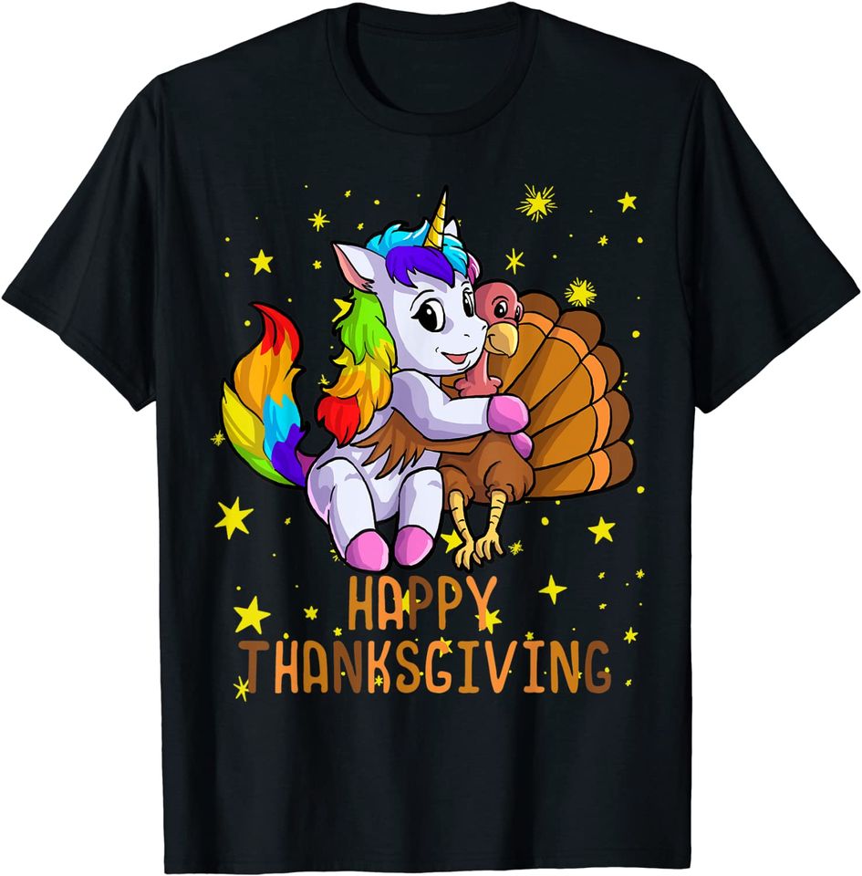 Cute Unicorn Hugs Turkey Happy Thanksgiving Shirt Girls T-Shirt