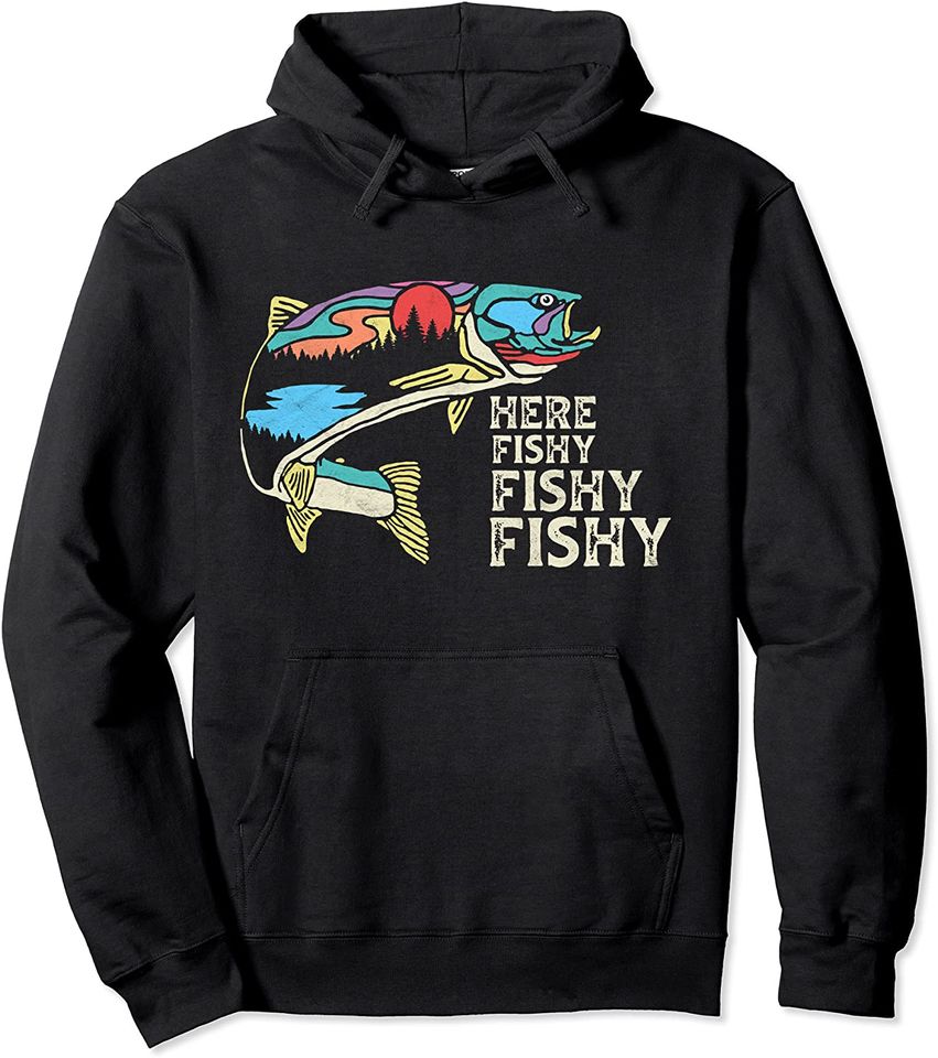 Here Fishy Fishy Retro Nature Trout Fly Fishing Hoodie