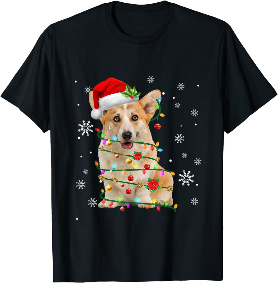 Santa Corgi Christmas Tree Light Pajama Dog X-mas Matching T-Shirt