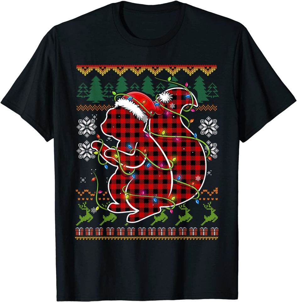 Squirrel Red Plaid Santa Ugly Christmas Sweater Pajamas T-Shirt