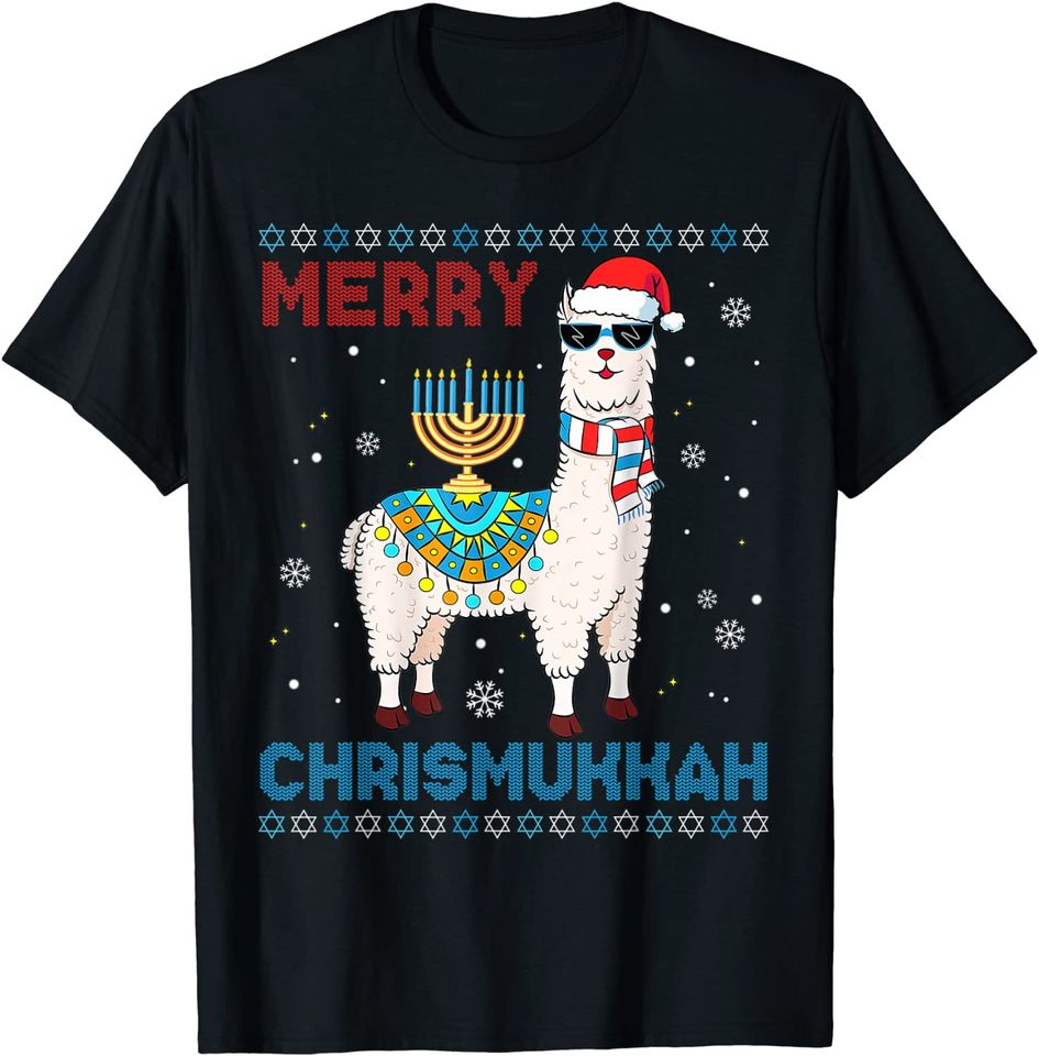 Ugly Xmas Sweater Merry Chrismukkah Llama In Santa Hat T-Shirt