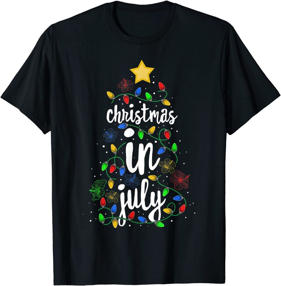 Christmas In July Colorful Xmas Tree Lights Hawaii Summer T-Shirt
