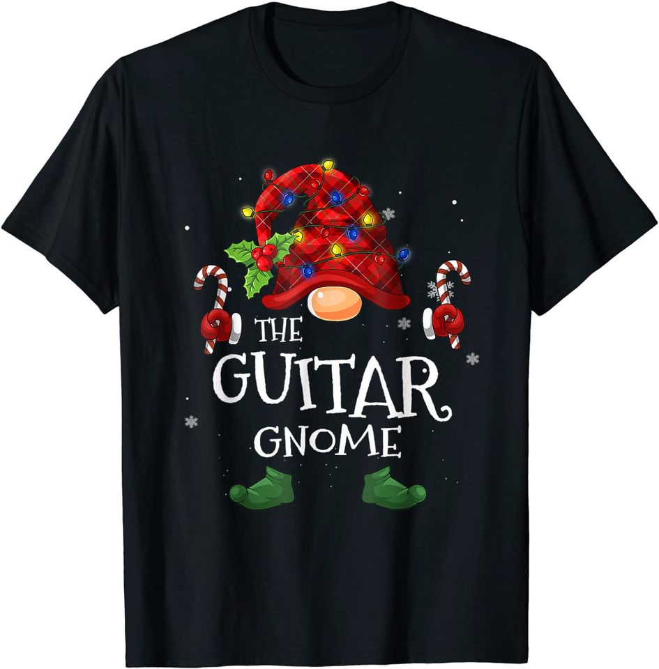 Guitar Gnome Buffalo Plaid Christmas Tree Light T-Shirt