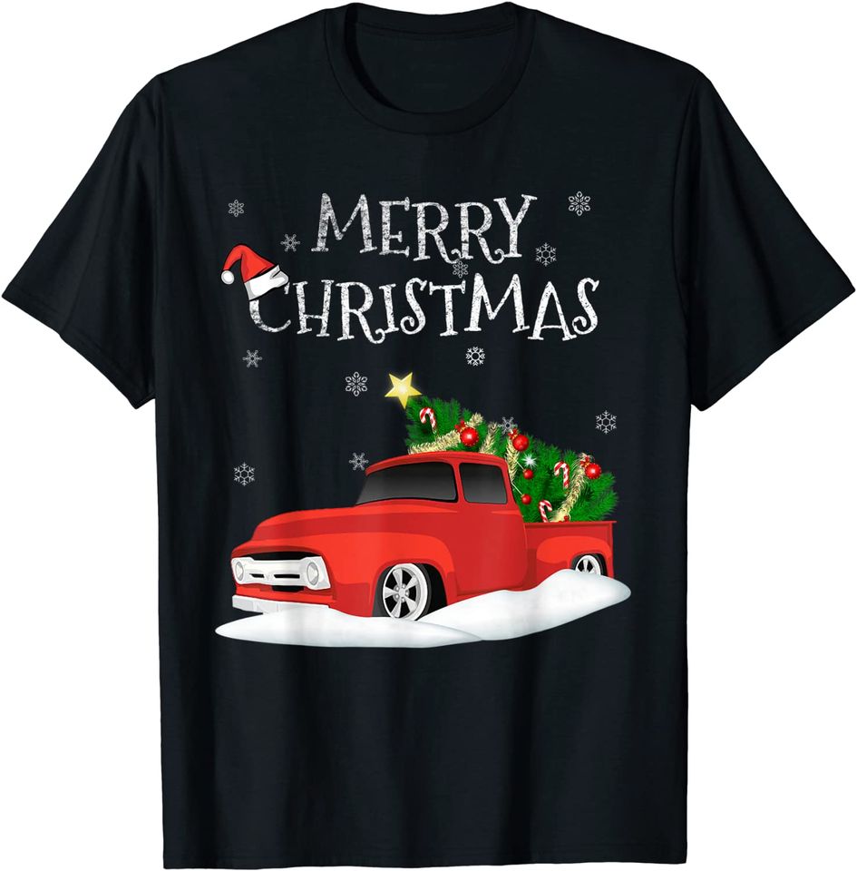Red Vintage Truck Shirt Retro Christmas Tree Pickup T-shirt