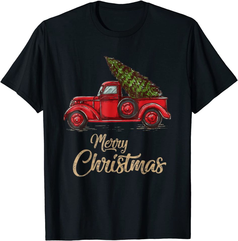 Vintage Style Farm Red Truck with Christmas Tree Men Women T-Shirt