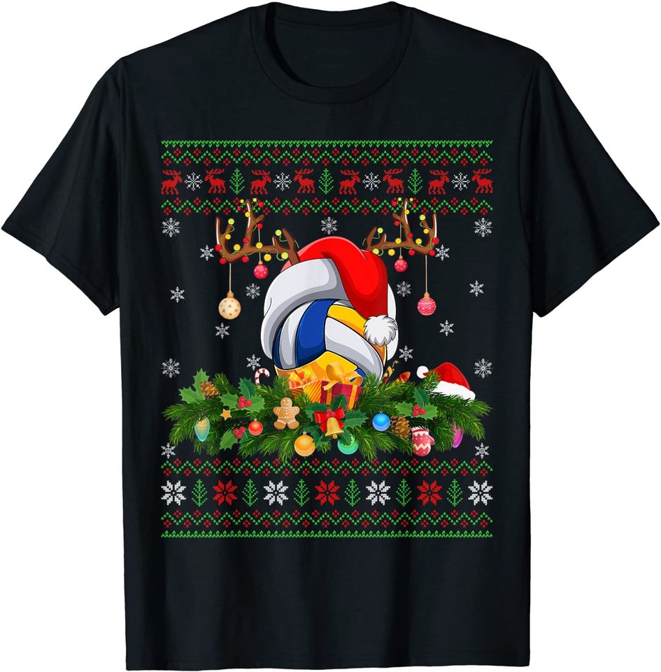 Volleyball Ball Reindeer Santa Hat Ugly Volleyball Christmas T-Shirt