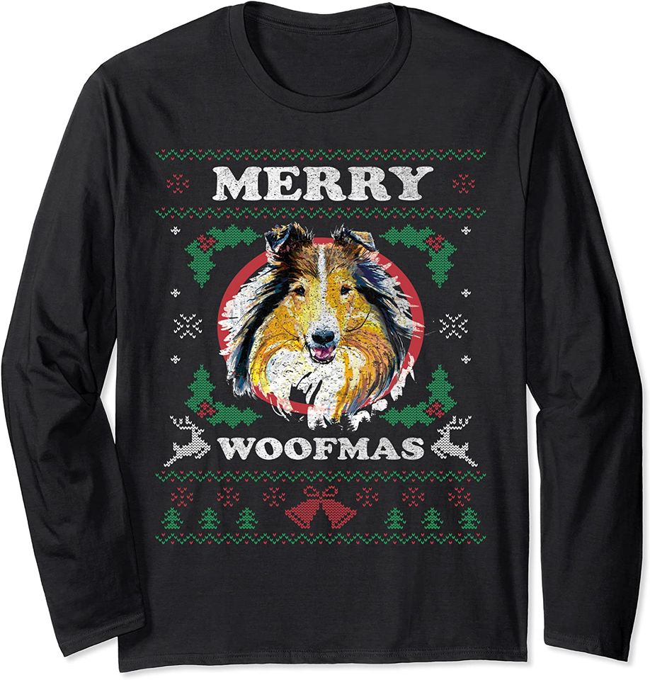 Rough Collie Dog Merry Woofmas Christmas Long Sleeve