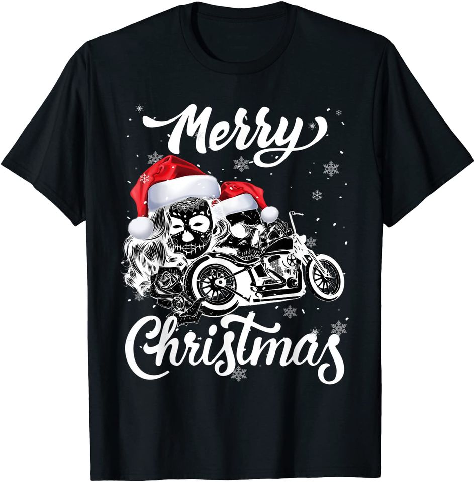 Merry Christmas Skull Wearing Santa Hat Motorcycle Biker T-Shirt