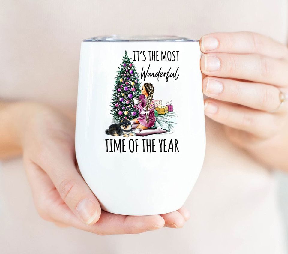 It's The Most Wonderful Time Of The Year Tumbler 12 oz, Girl and Dog Lover Christmas Tumbler, Dog Lover Christmas Tumbler