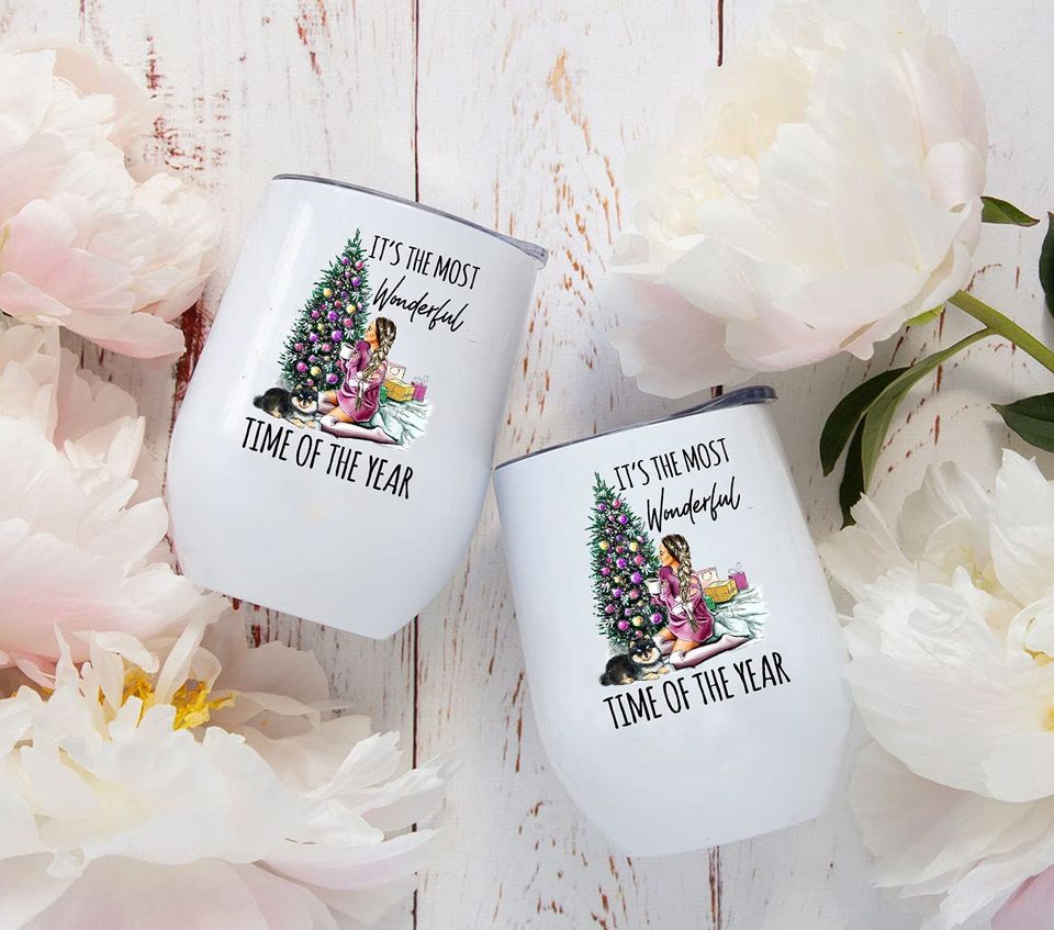 It's The Most Wonderful Time Of The Year Tumbler 12 oz, Girl and Dog Lover Christmas Tumbler, Dog Lover Christmas Tumbler