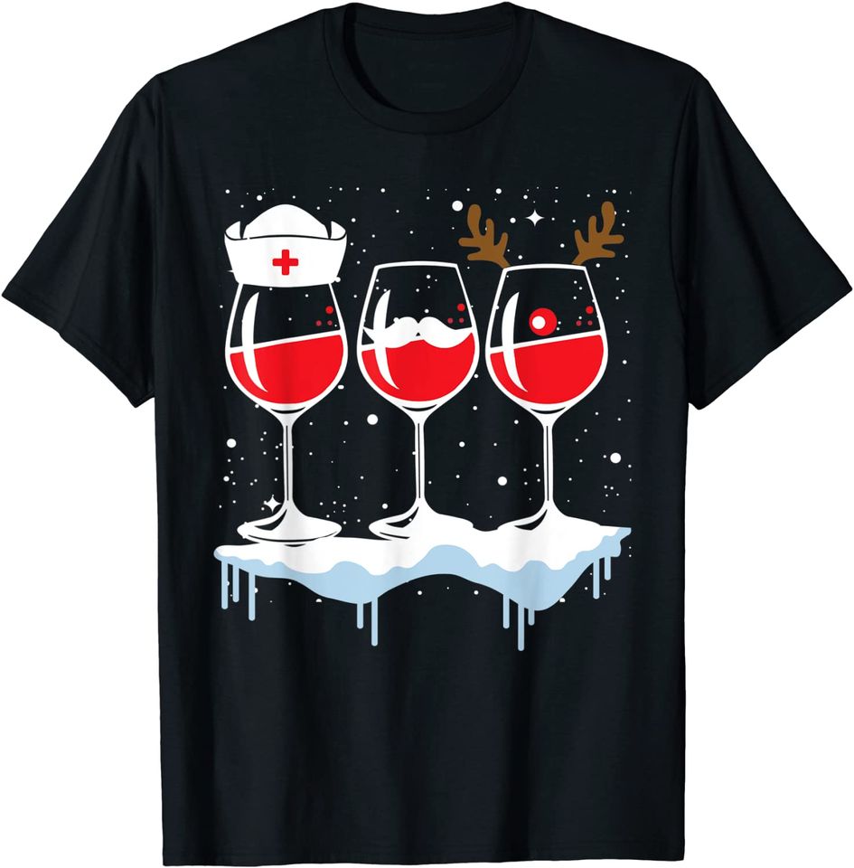 Three Glass Of Red Wine Christmas Pajama Antlers Nurse T-Shirt