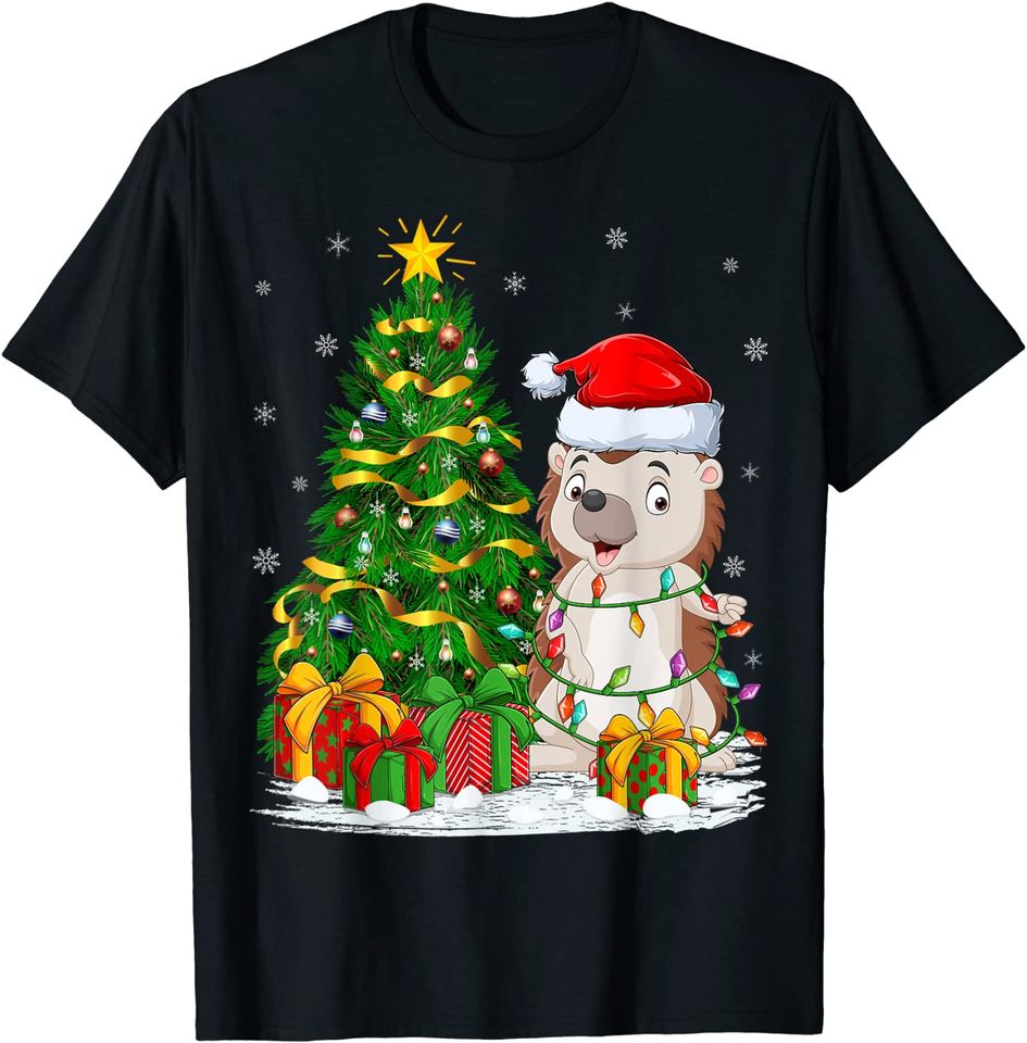 Xmas Lighting Tree Family Matching Santa Hedgehog Christmas T-Shirt