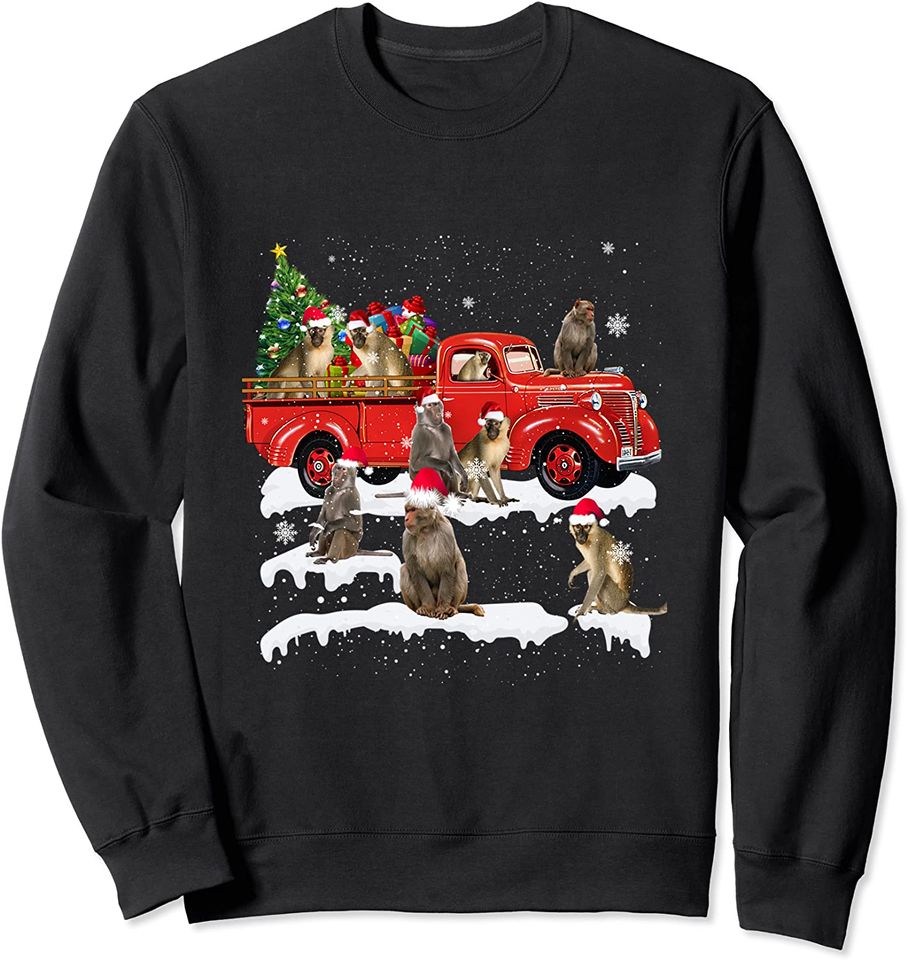 Monkey Riding Red Truck Xmas Merry Christmas Sweatshirt