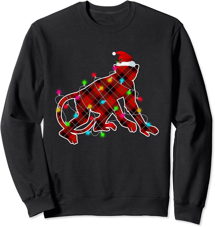 Xmas Pajama Red Plaid Christmas Lights Monkey Animals Sweatshirt